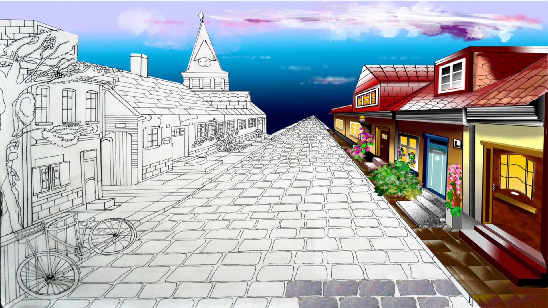 One view perspective of a street scene that was first hand drawn and then edited in photoshop and Illustrator
