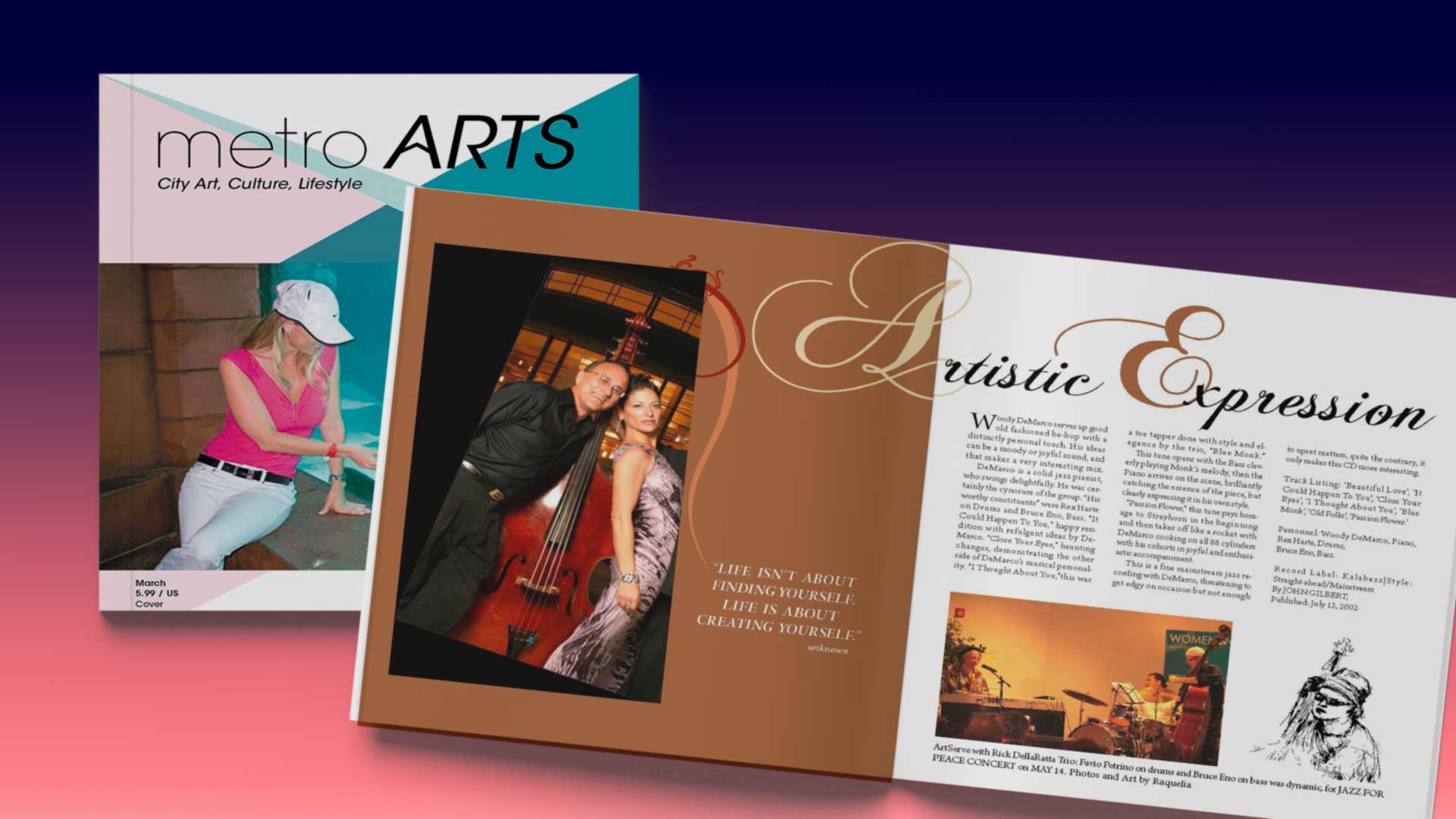Image of the front cover and one of the inside spreads done on music. The image is of Bruce Eno a musician and a photographer. Designed entirely in Indesign for the layout and Photoshop for image manipulation.