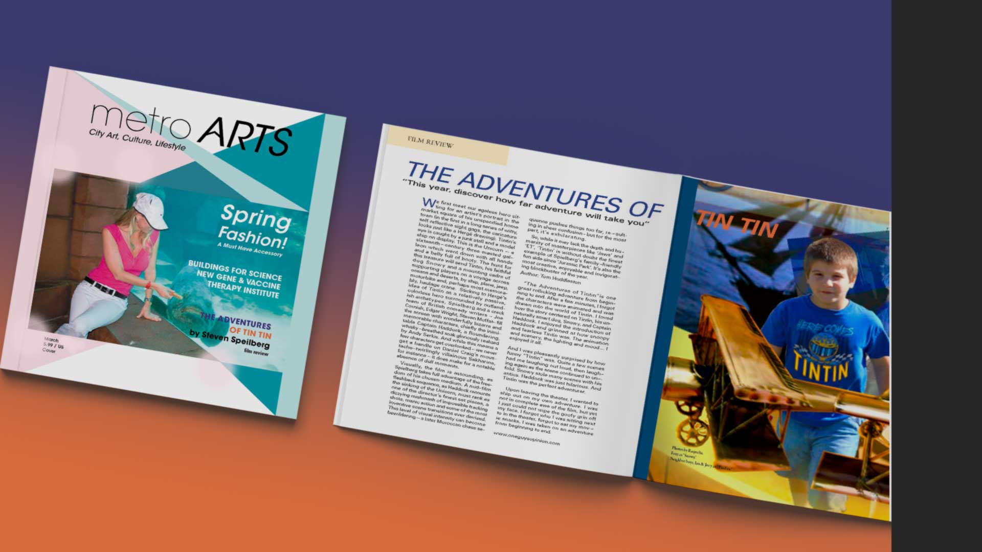 A review of a movie and the front cover of a magazine designed in InDesign by Raquelia leone
