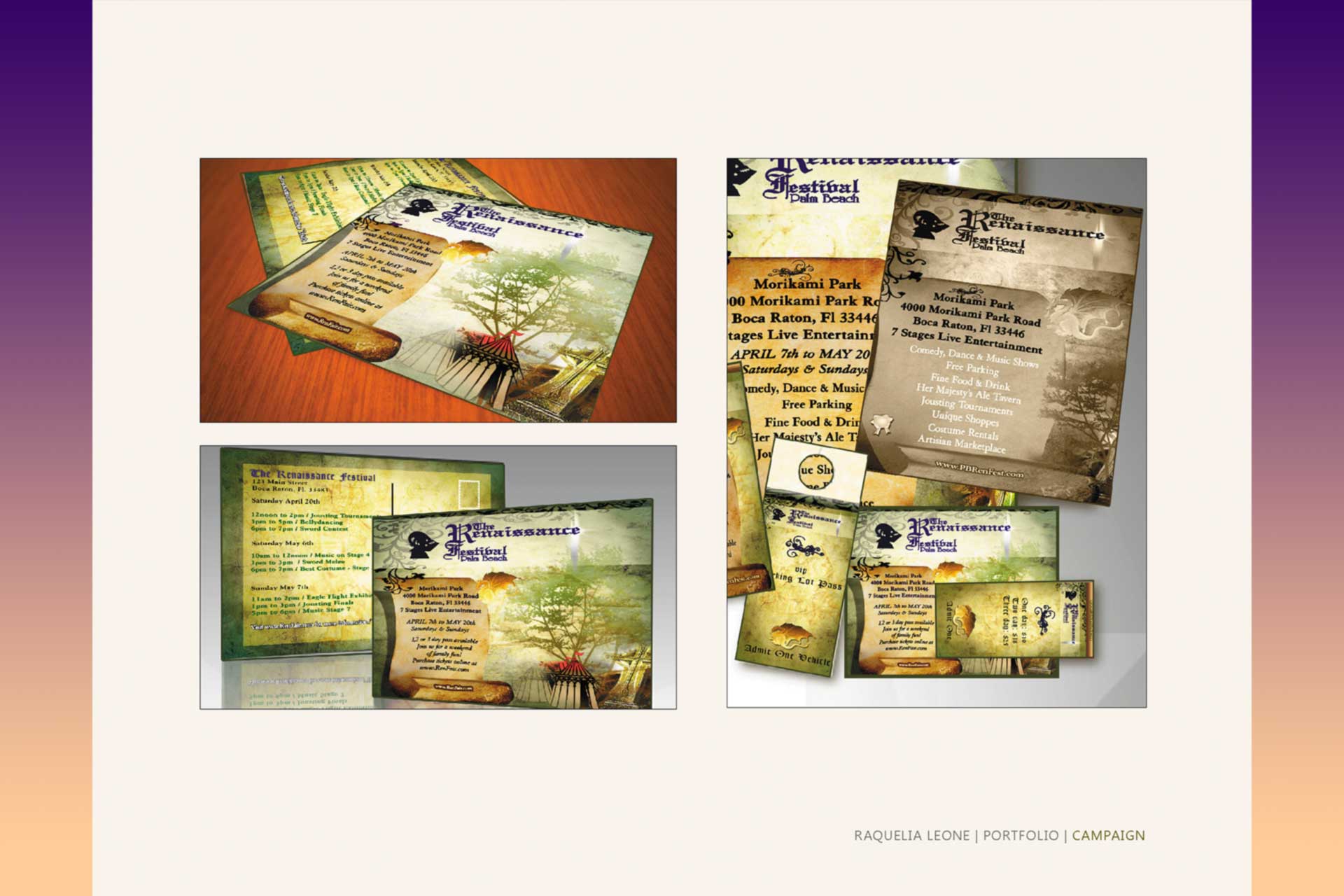 Mockup-of The ressaiance festival with a postcard, tickets, flyer design done by Raquelia Leone